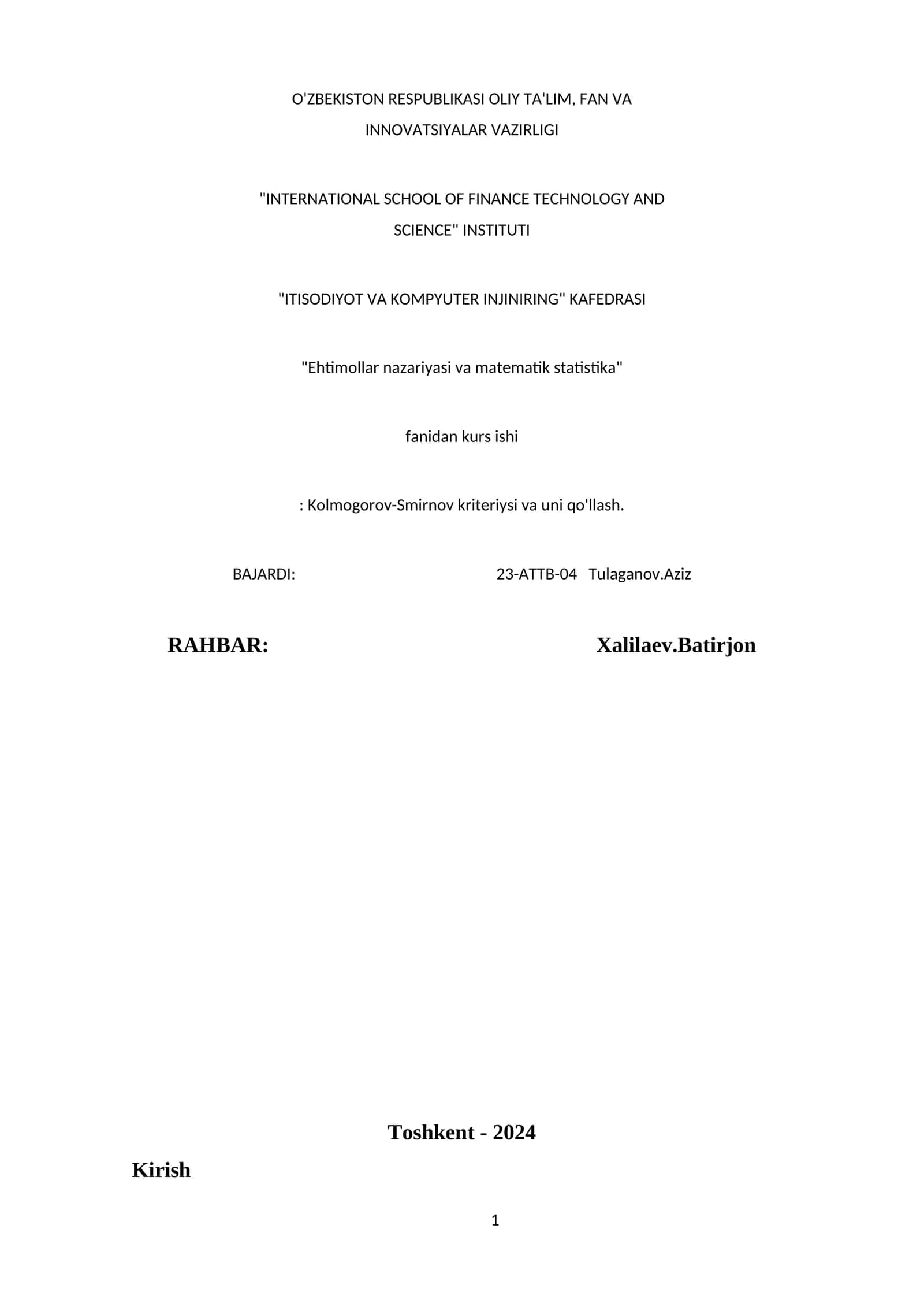 Kolmogorov-Smirnov kriteriyasi va uni qo'llash
