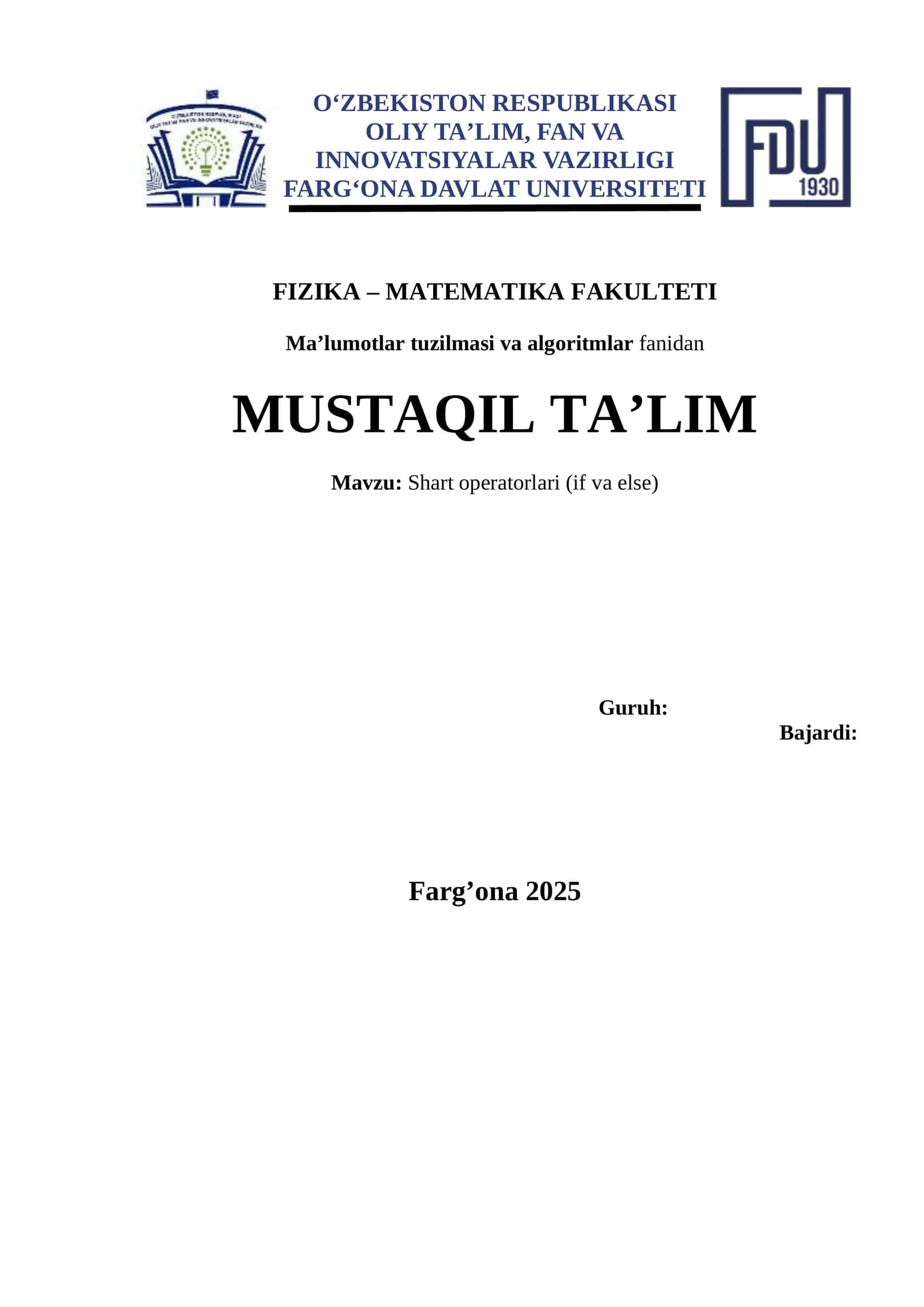 Ma’lumotlar tuzilmasi va algoritmlar fanidan