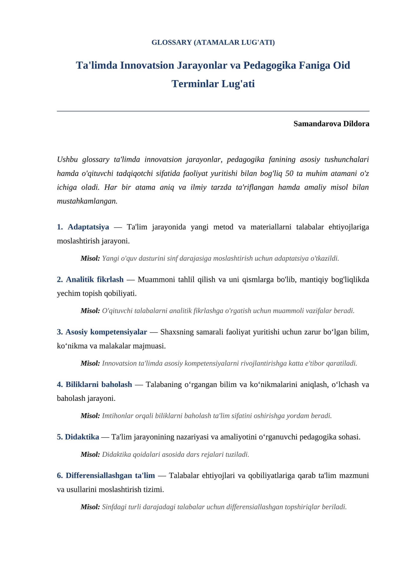 Ta'limda Innovatsion Jarayonlar va Pedagogika Faniga Oid Terminlar Lug'ati