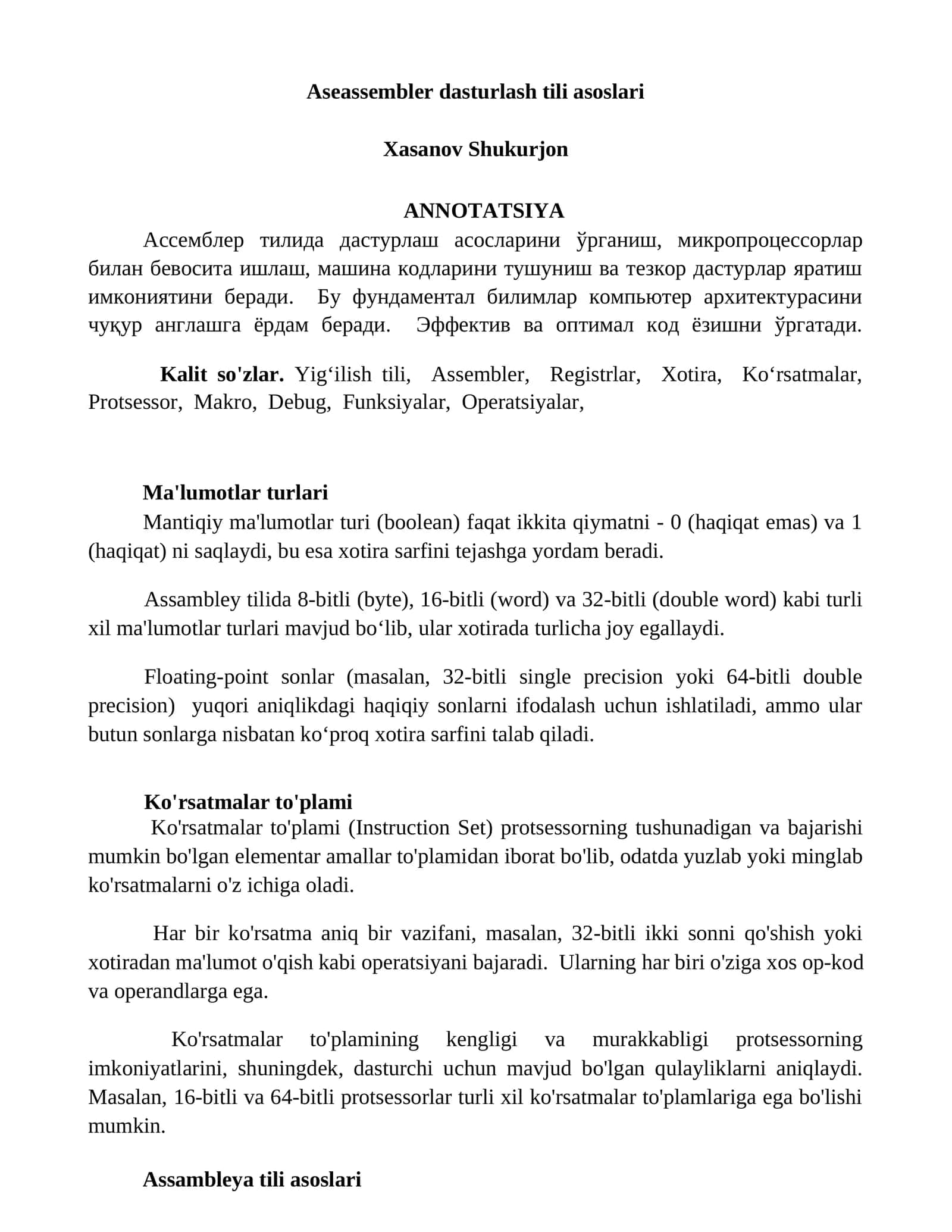 Aseassembler dasturlash tili asoslari