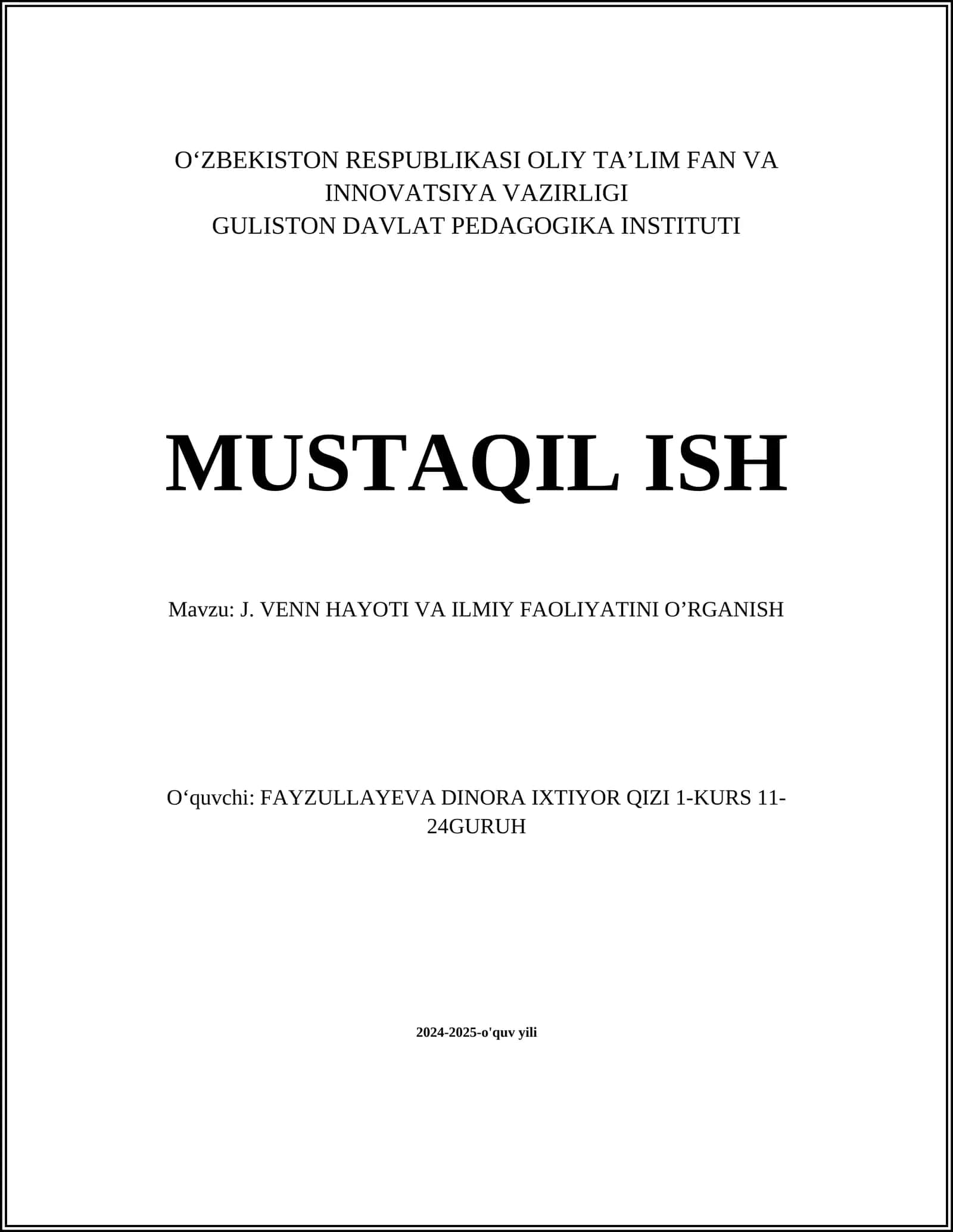 J. VENN HAYOTI VA ILMIY FAOLIYATINI O’RGANISH