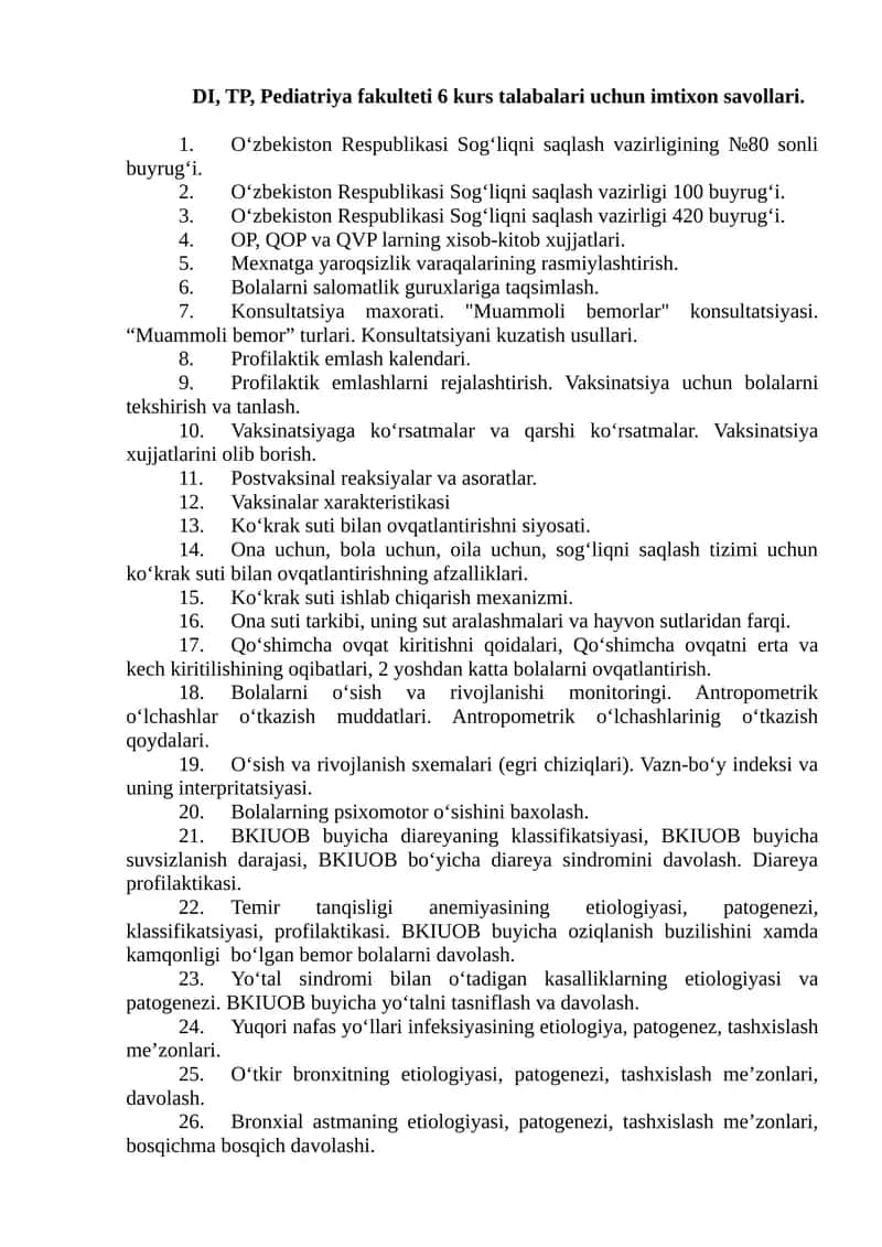 Pediatriya fakulteti 6 kurs talabalari imtixon savollari