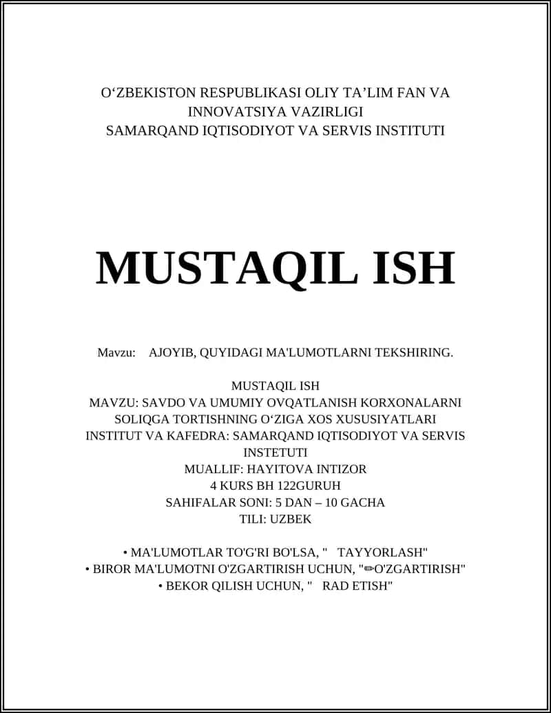 SAVDO VA UMUMIY OVQATLANISH KORXONALARNI SOLIQGA TORTISHNING OʻZIGA XOS XUSUSIYATLARI