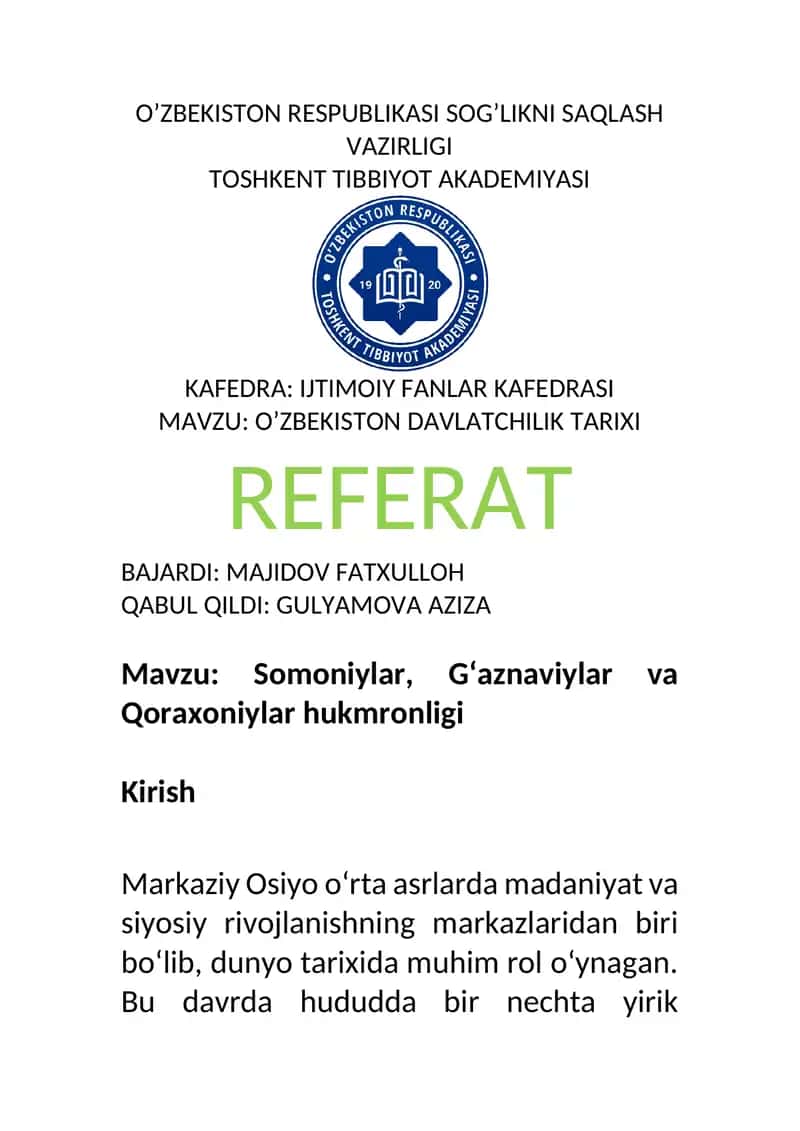 O’ZBEKISTON DAVLATCHILIK TARIXI