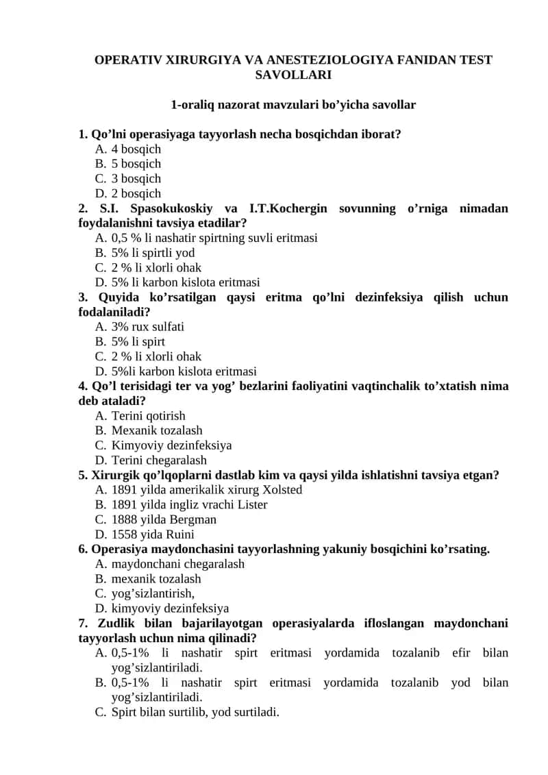 OPERATIV XIRURGIYA VA ANESTEZIOLOGIYA FANIDAN TEST SAVOLLARI