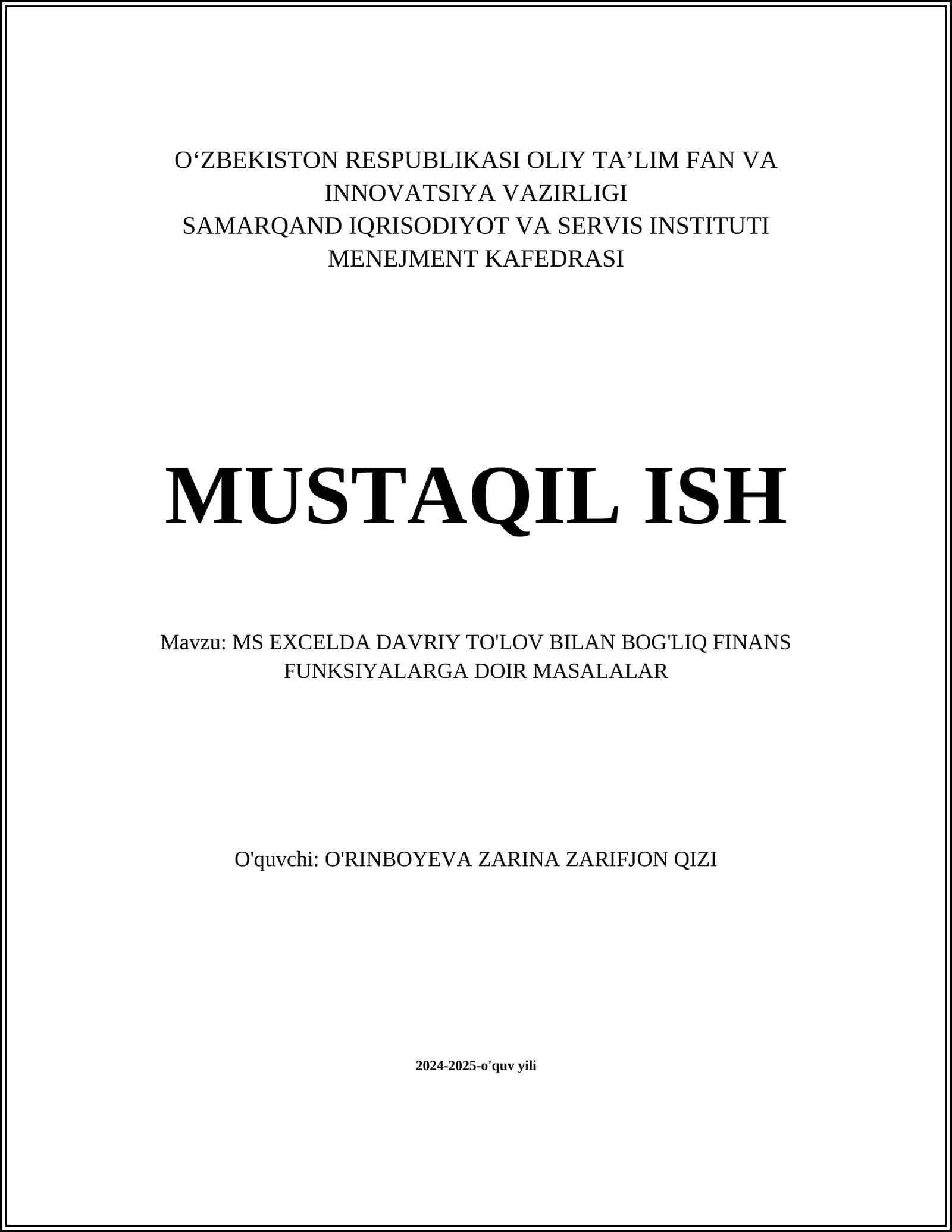 MS EXCELDA DAVRIY TO'LOV BILAN BOG'LIQ FINANS FUNKSIYALARGA DOIR MASALALAR