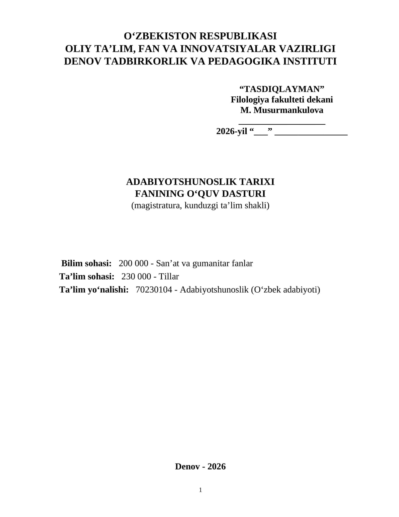 ADABIYOTSHUNOSLIK TARIXI FANINING O'QUV DASTURI
