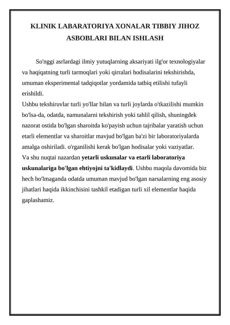 KLINIK LABARATORIYA XONALAR TIBBIY JIHOZ ASBOBLARI BILAN ISHLASH