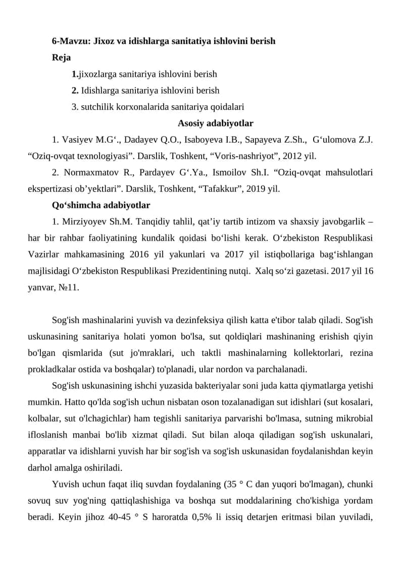 Jixoz va Idishlarga Sanitariya Ishlovini Berish