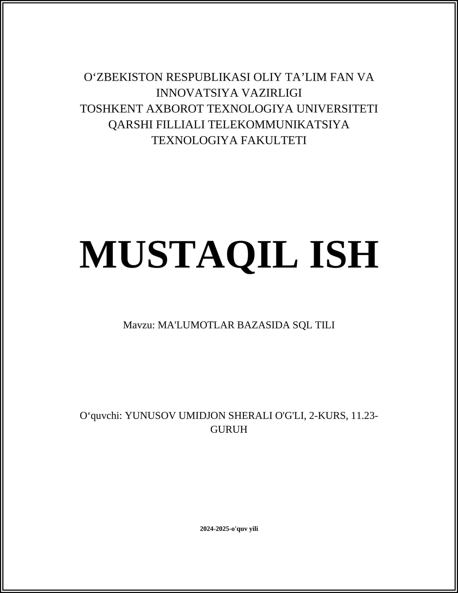 MA'LUMOTLAR BAZASIDA SQL TILI
