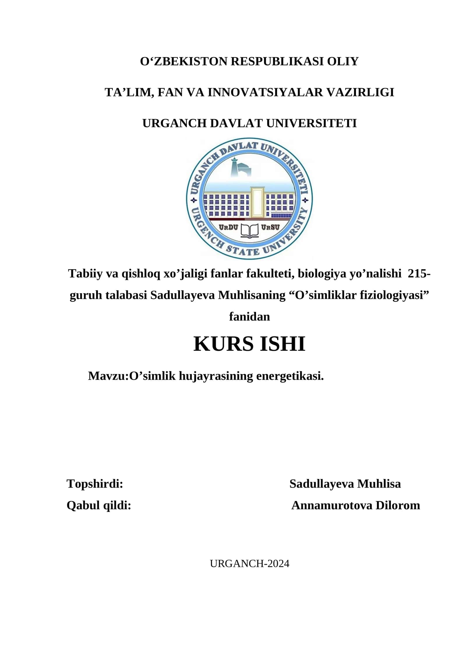 O’simlik hujayrasining energetikasi