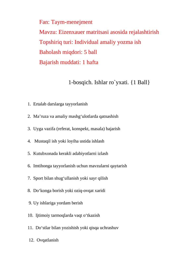 Eizenxauer matritsasi asosida rejalashtirish