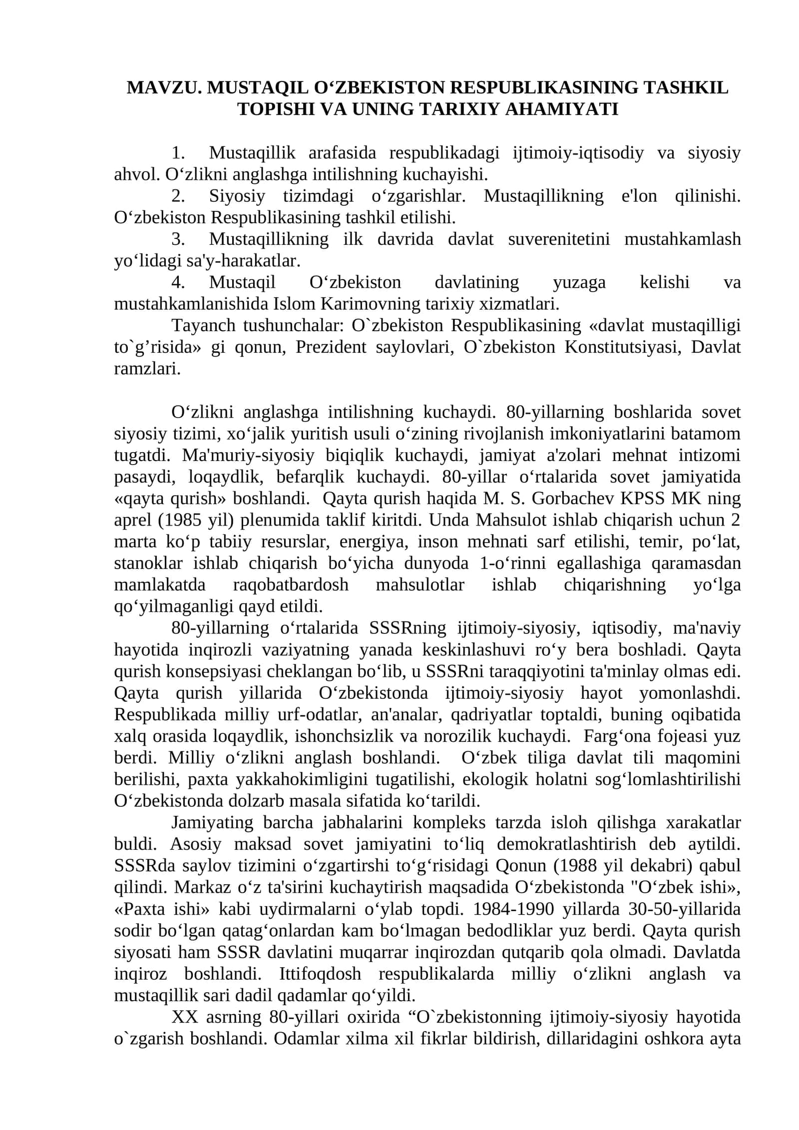 MUSTAQIL O‘ZBEKISTON RESPUBLIKASINING TASHKIL TOPISHI VA UNING TARIXIY AHAMIYATI