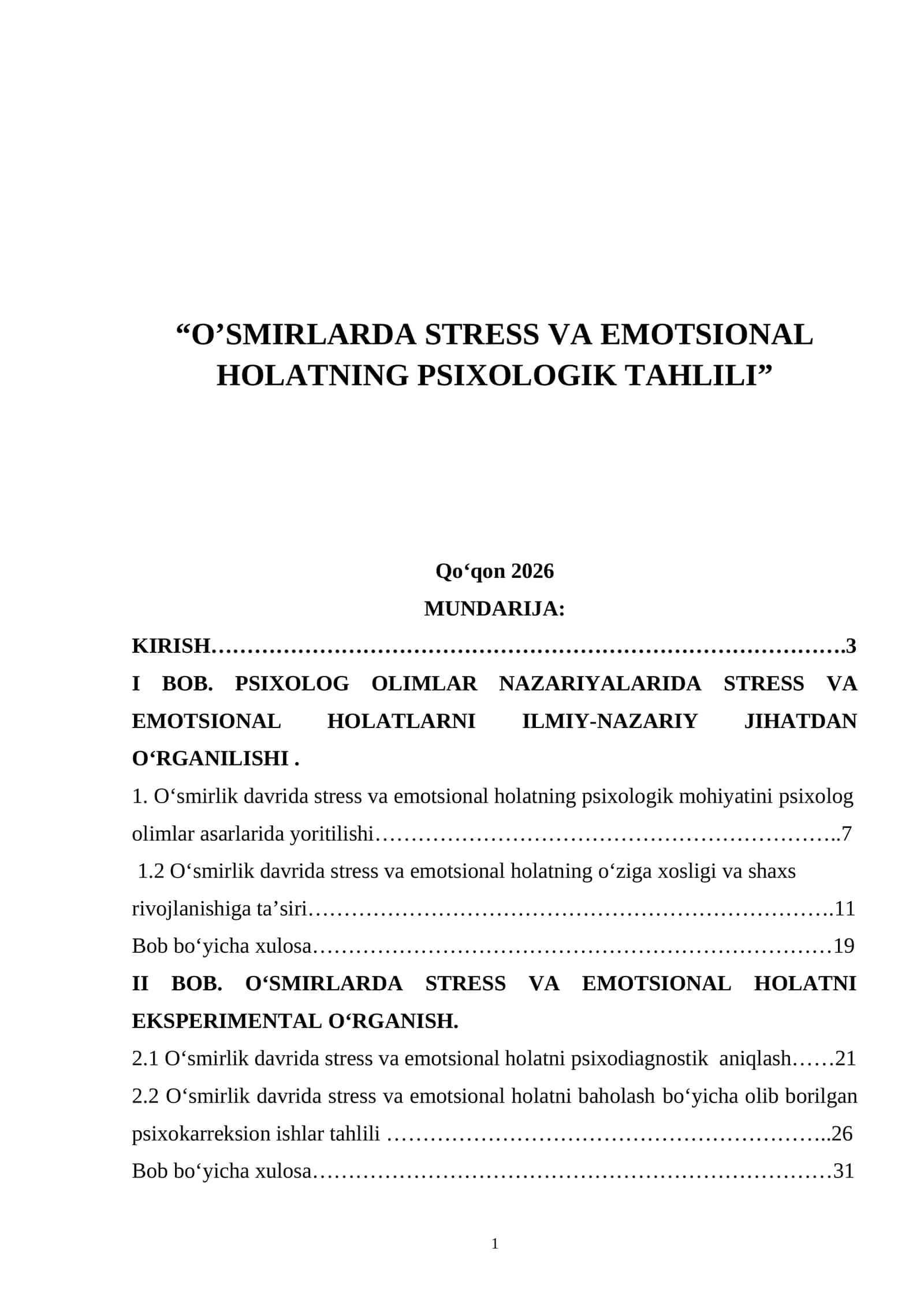 O’SMIRLARDA STRESS VA EMOTSIONAL HOLATNING PSIXOLOGIK TAHLILI