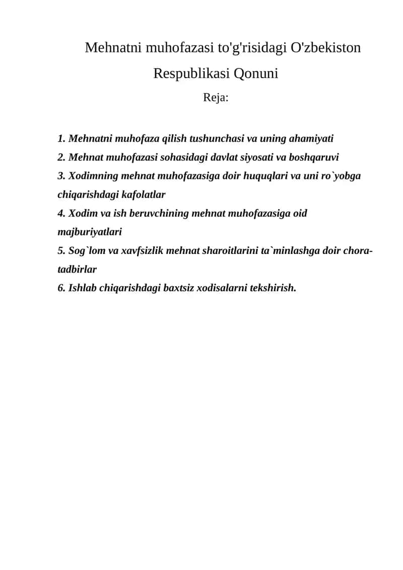 Mehnatni muhofazasi to'g'risidagi O'zbekiston Respublikasi Qonuni