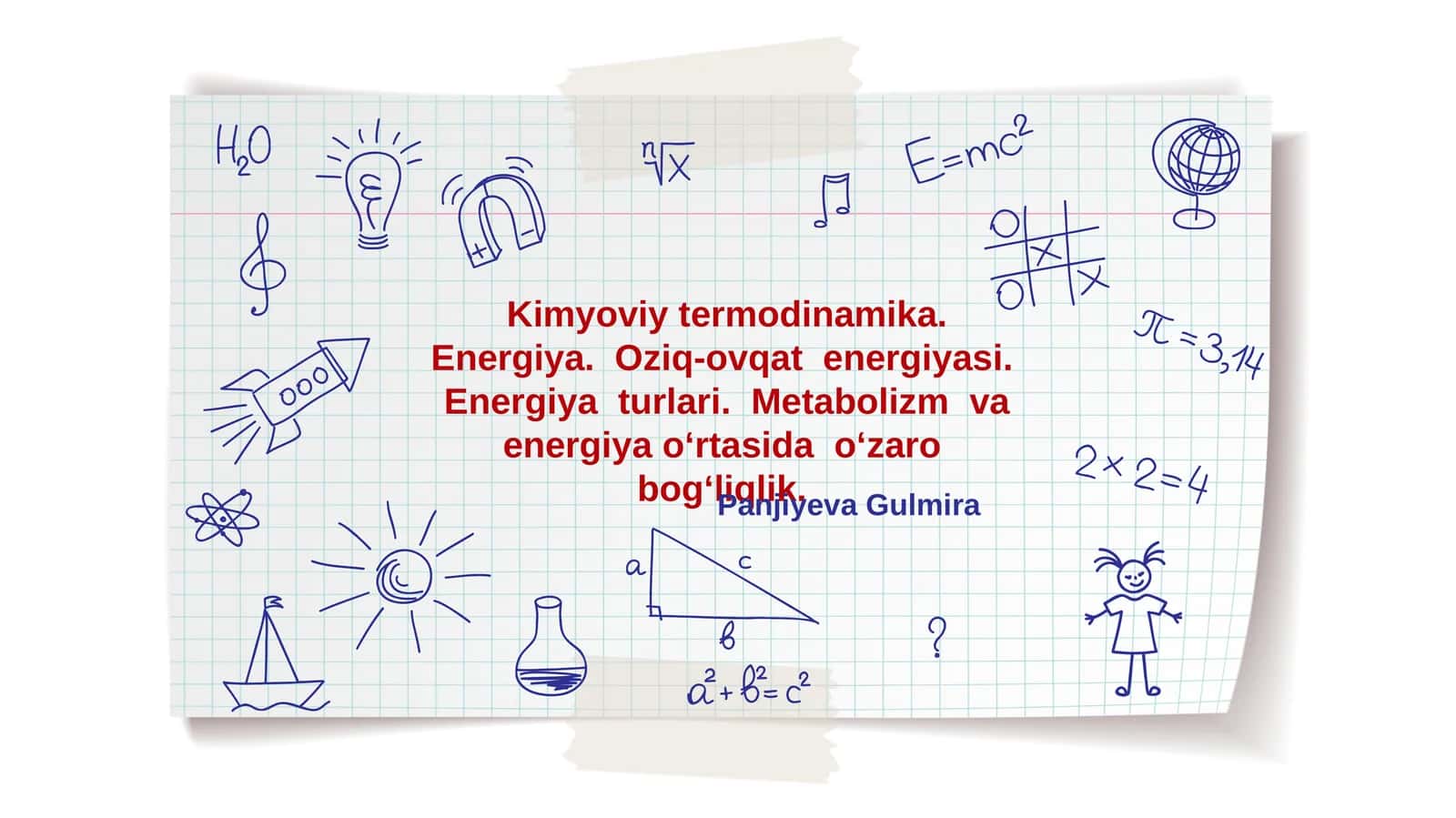 Kimyoviy termodinamika. Energiya.  Oziq-ovqat  energiyasi.  Energiya  turlari.  Metabolizm  va energiya o‘rtasida  o‘zaro  bog‘liqlik.