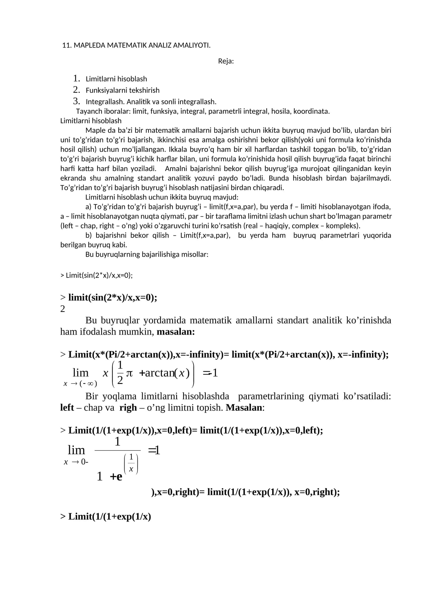 MAPLEDA MATEMATIK ANALIZ AMALIYOTI