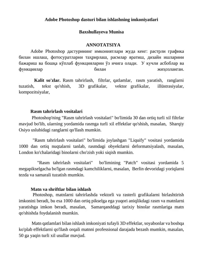 Adobe Photoshop dasturi bilan ishlashning imkoniyatlari