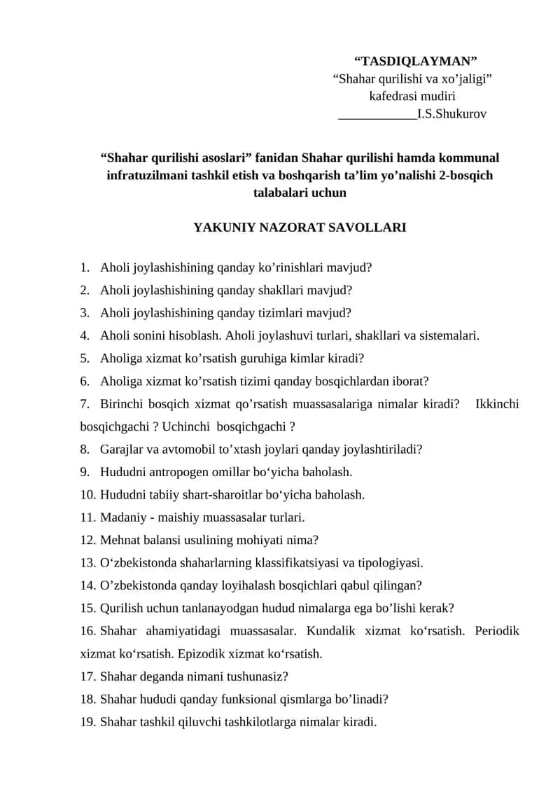 Shahar qurilishi va xo’jaligi kafedrasi mudiri