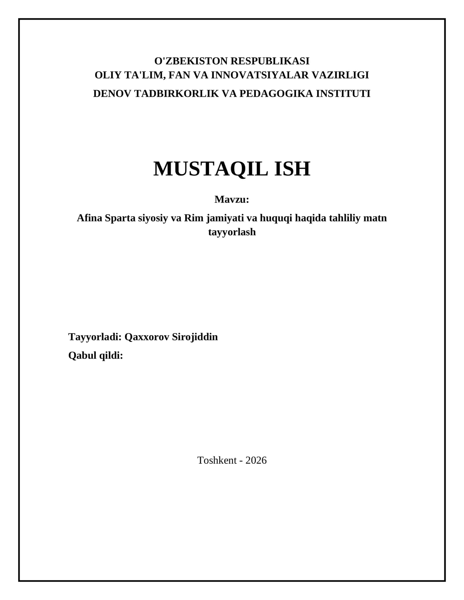 Afina Sparta siyosiy va Rim jamiyati va huquqi haqida tahliliy matn tayyorlash