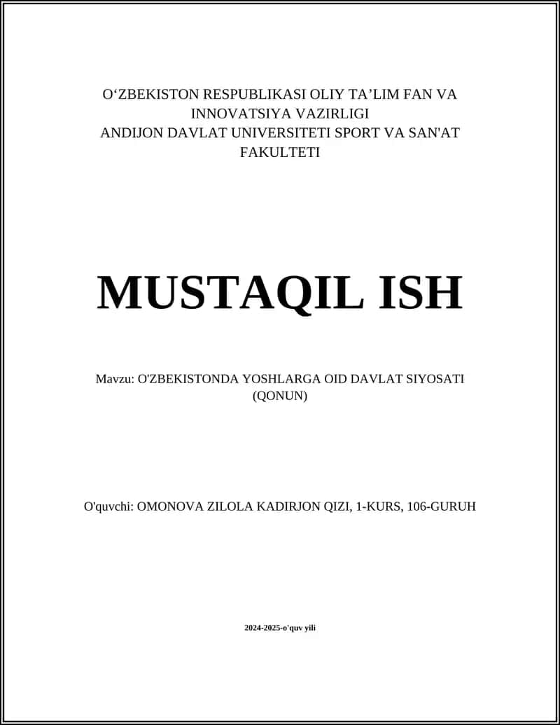O'ZBEKISTONDA YOSHLARGA OID DAVLAT SIYOSATI (QONUN)