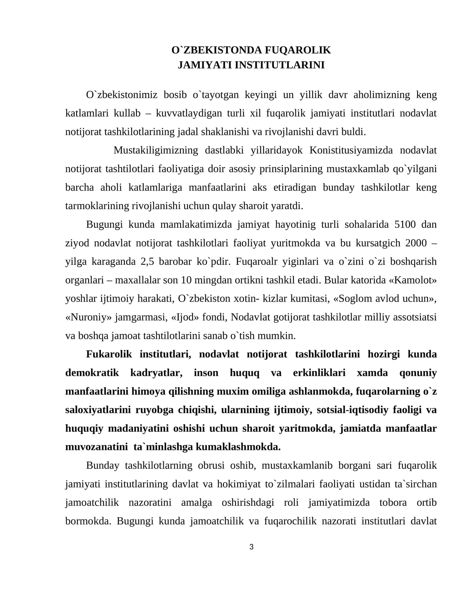 O`ZBEKISTONDA FUQAROLIK JAMIYATI INSTITUTLARINI