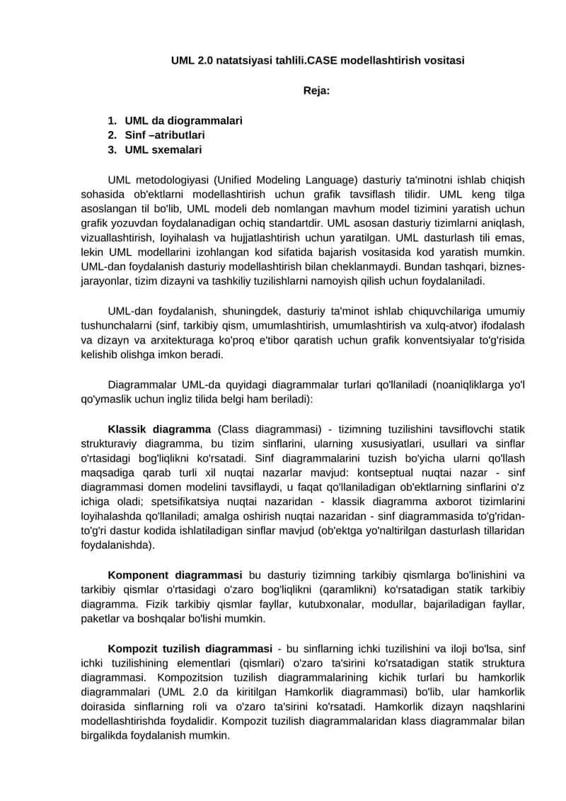 UML 2.0 natatsiyasi tahlili.CASE modellashtirish vositasi