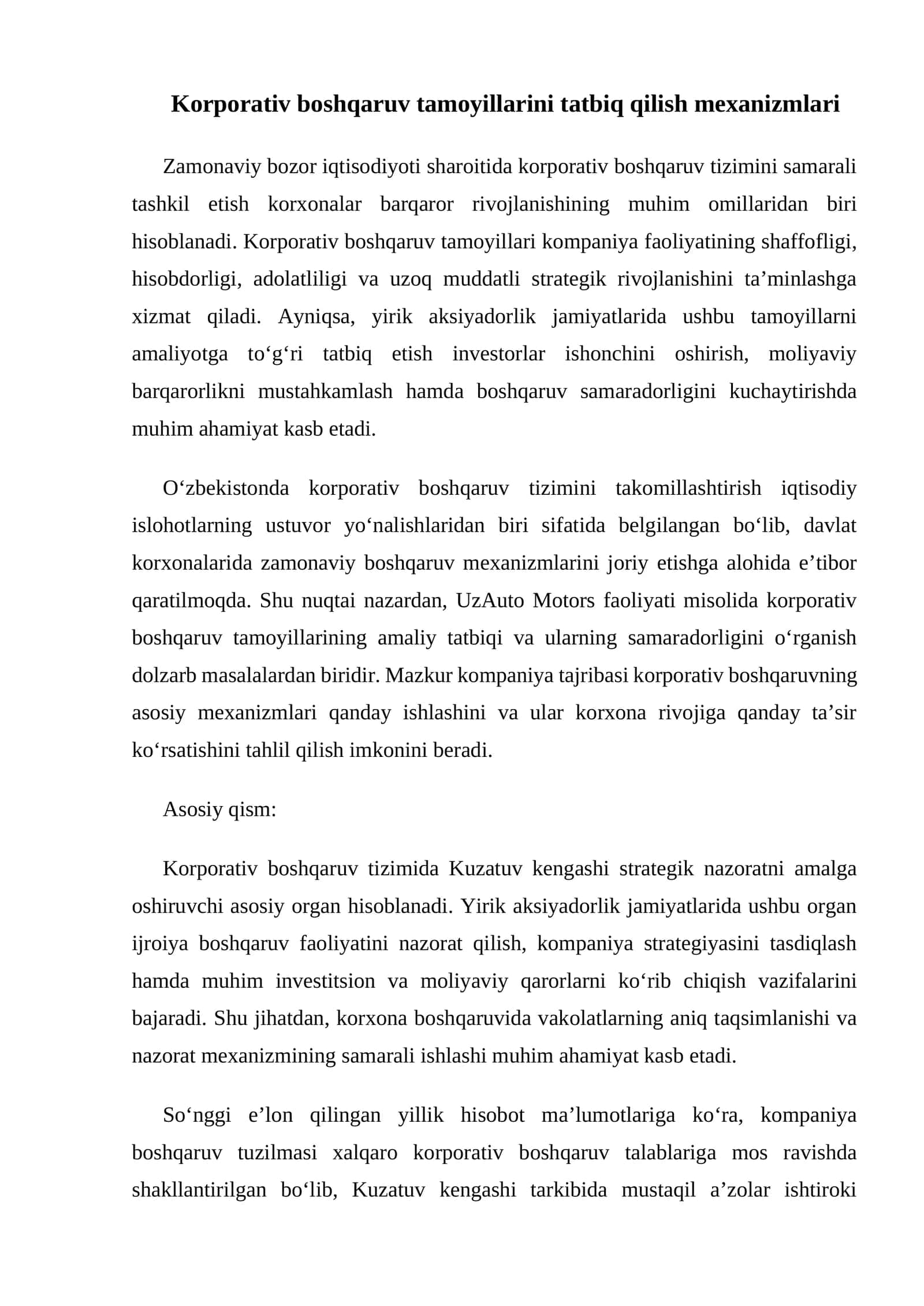 Korporativ boshqaruv tamoyillarini tatbiq qilish mexanizmlari