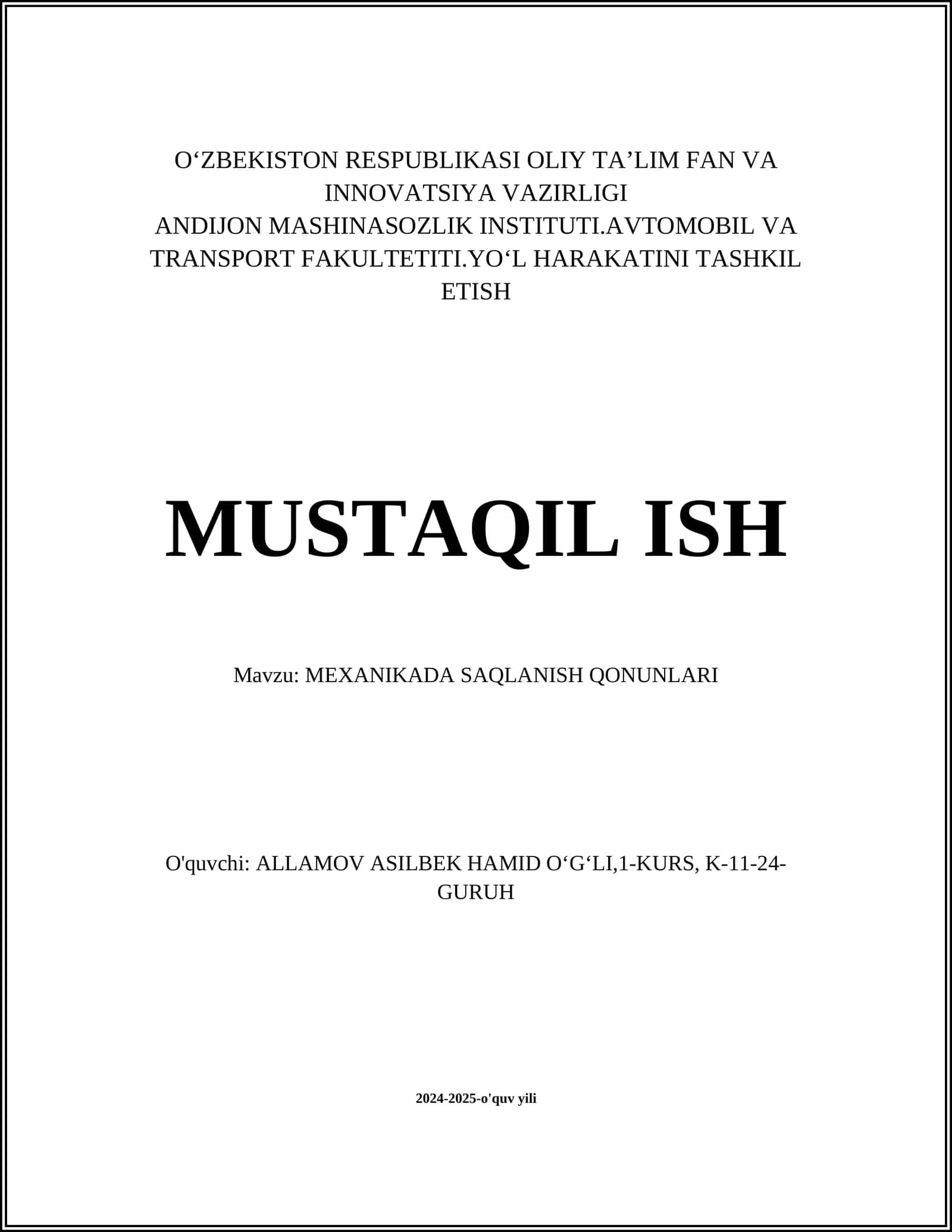 MEXANIKADA SAQLANISH QONUNLARI