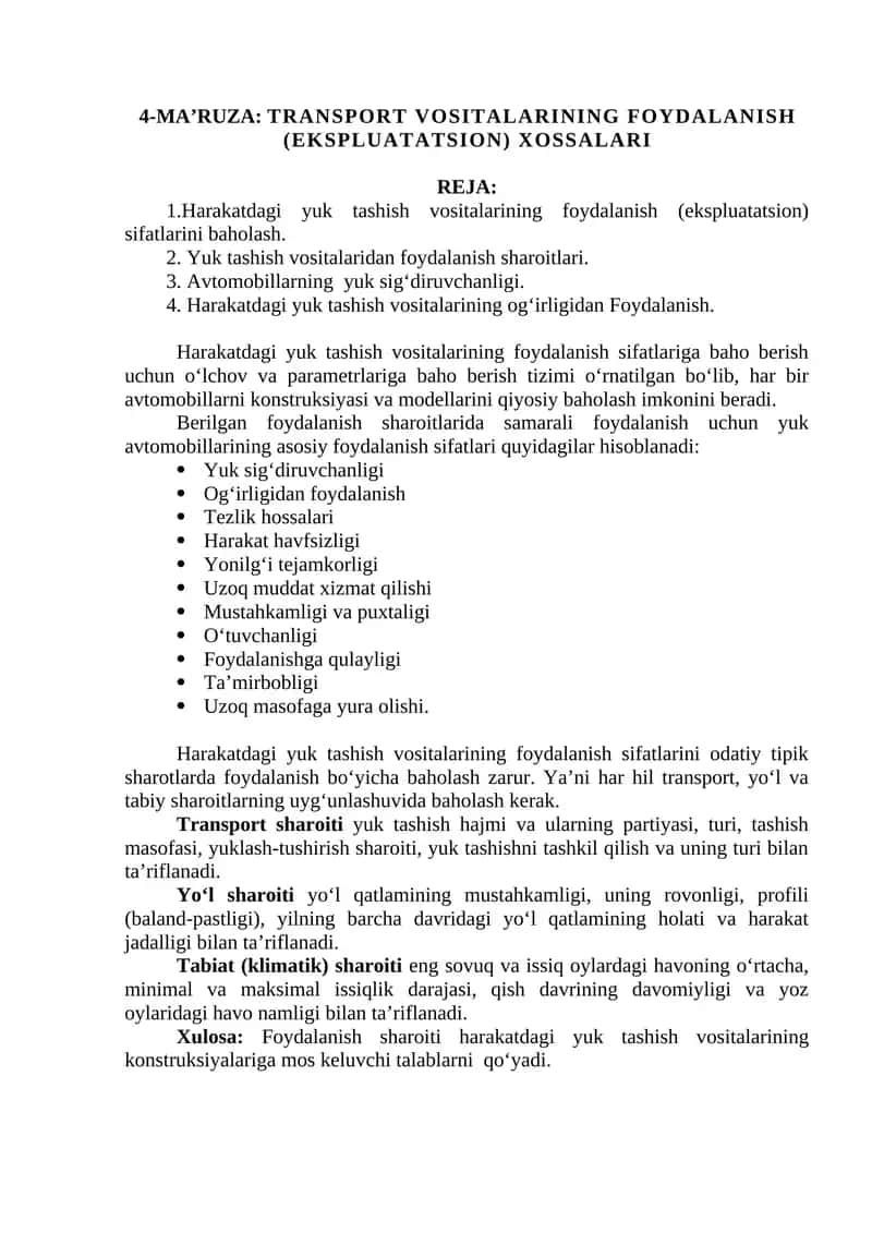 4-MA’RUZA: TRANSPORT VOSITALARINING FOYDALANISH (EKSPLUATATSION) XOSSALARI