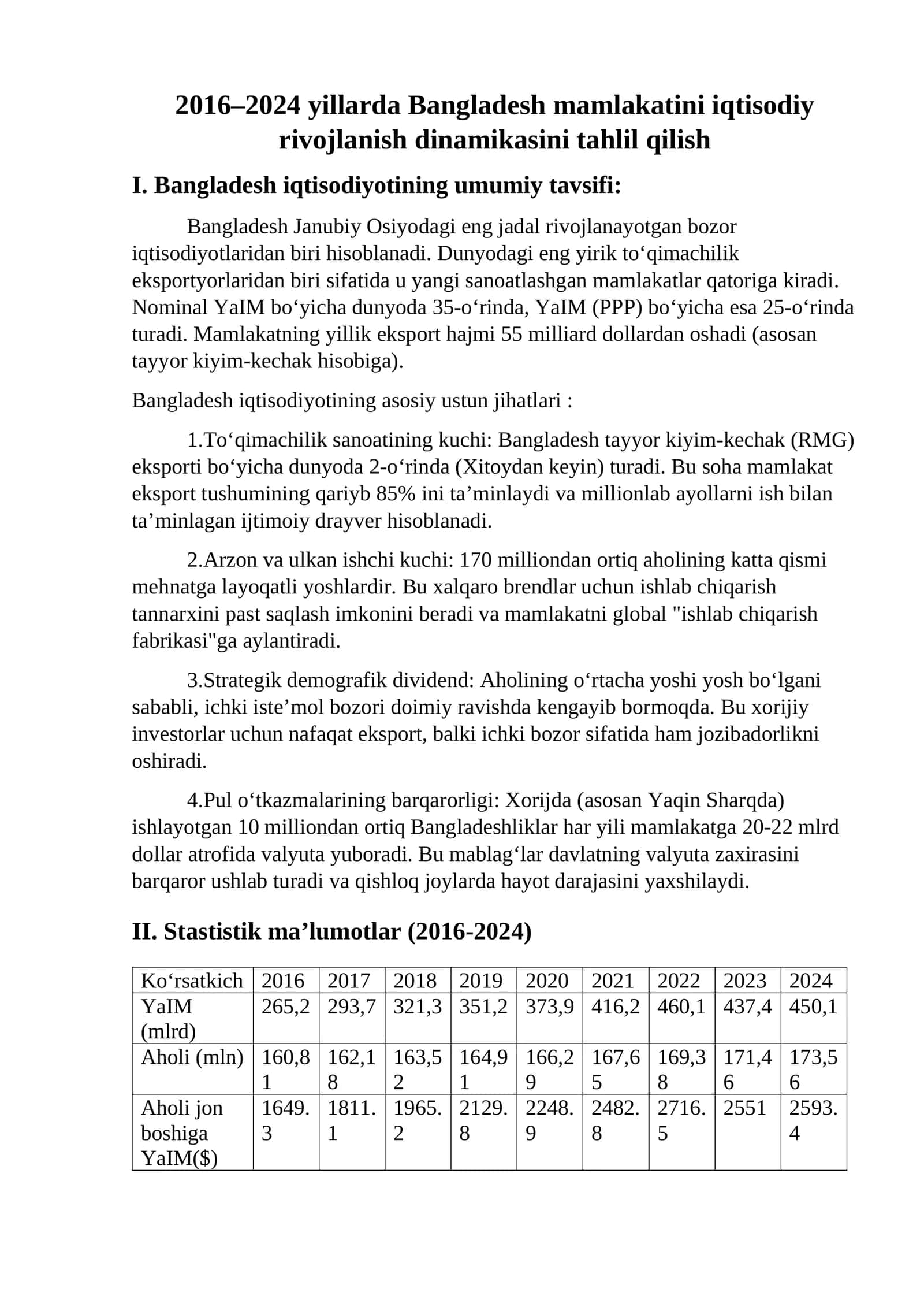 2016–2024 yillarda Bangladesh mamlakatini iqtisodiy rivojlanish dinamikasini tahlil qilish