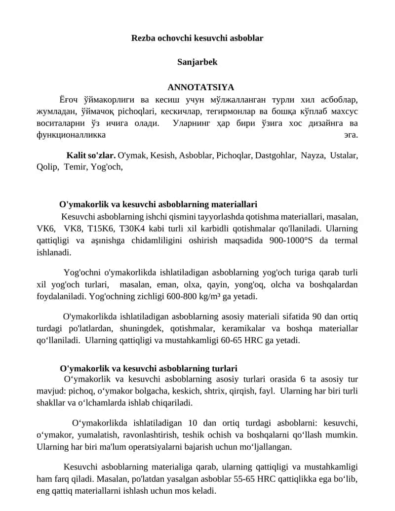 Rezba ochovchi kesuvchi asboblar