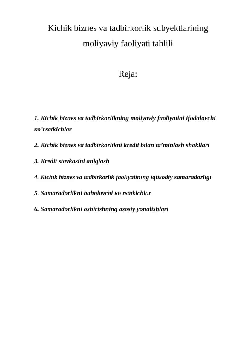 Kichik biznes va tadbirkorlikning moliyaviy faoliyatini ifodalovchi ко’rsatkichlar