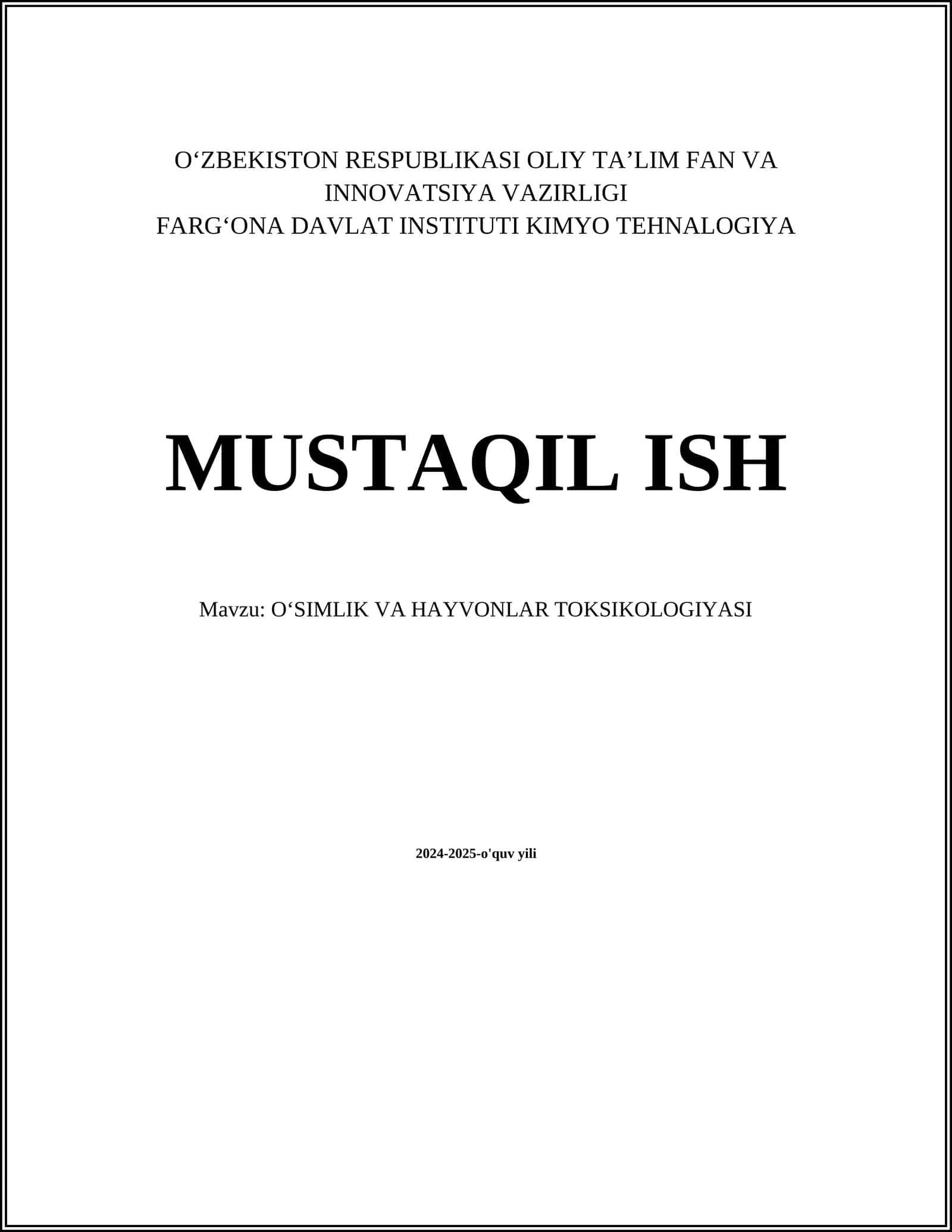 OʻSIMLIK VA HAYVONLAR TOKSIKOLOGIYASI