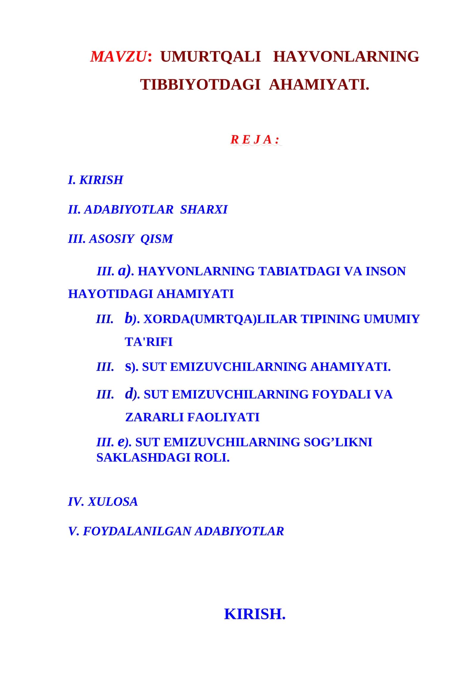 UMURTQALI HAYVONLARNING TIBBIYOTDAGI AHAMIYATI