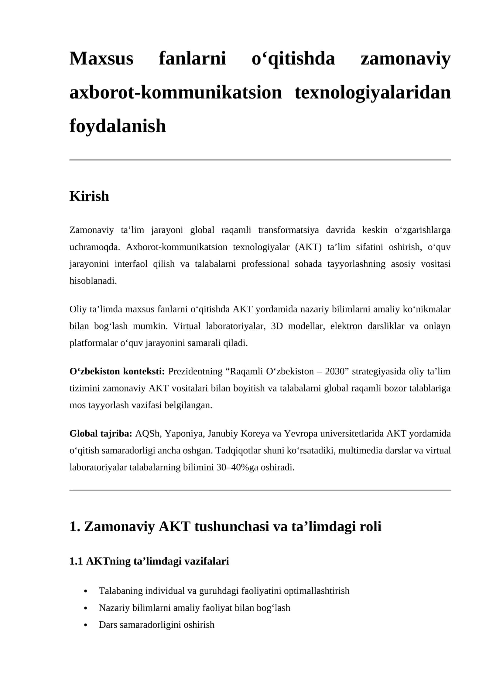 Zamonaviy axborot-kommunikatsion texnologiyalardan foydalanish
