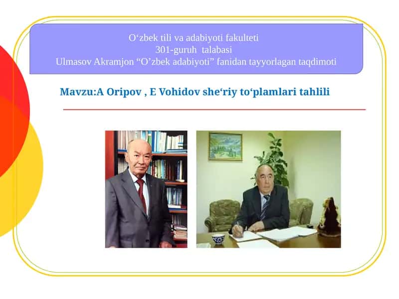 AOripov, EVohidov she‘riy to‘plamlari tahlili