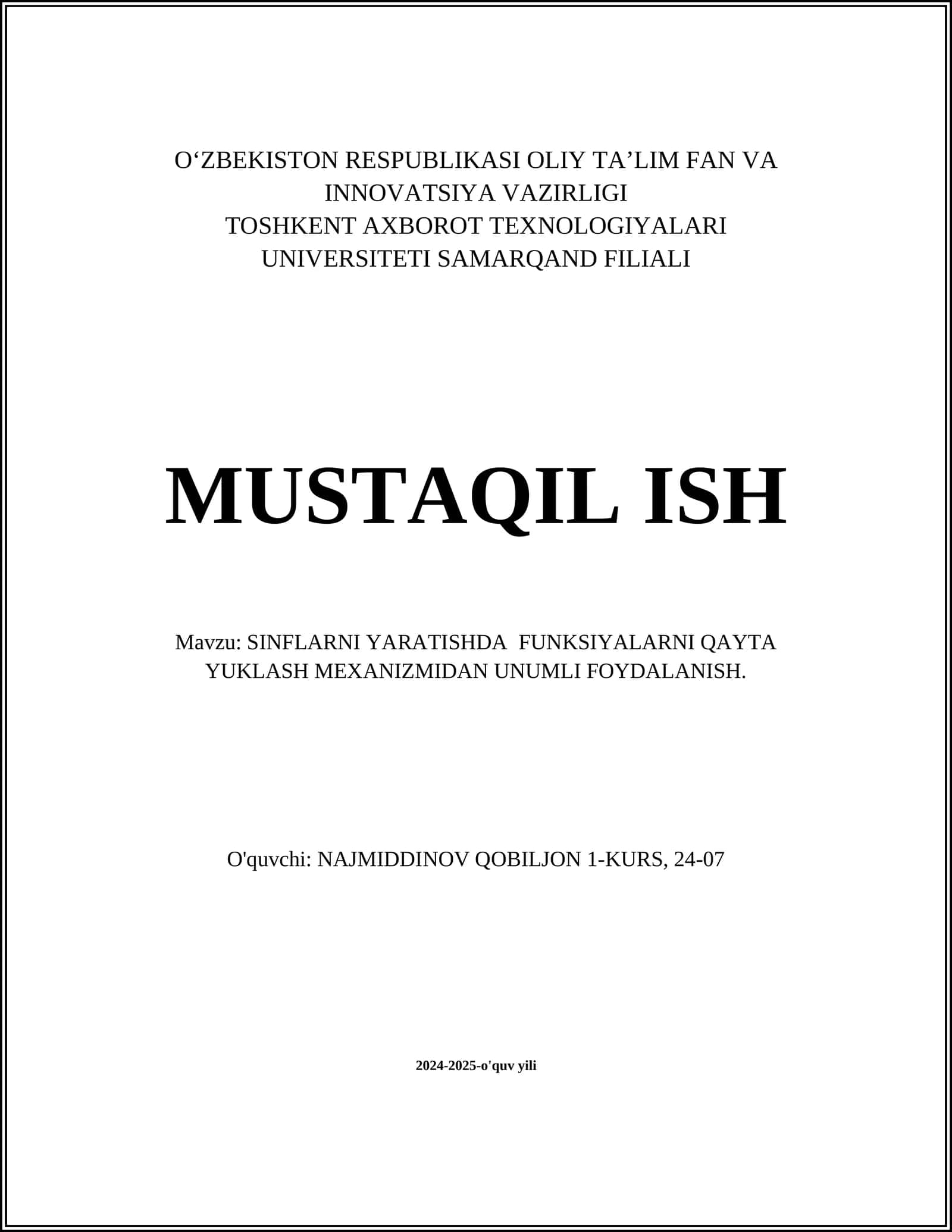SINFLARNI YARATISHDA FUNKSIYALARNI QAYTA YUKLASH MEXANIZMIDAN UNUMLI FOYDALANISH