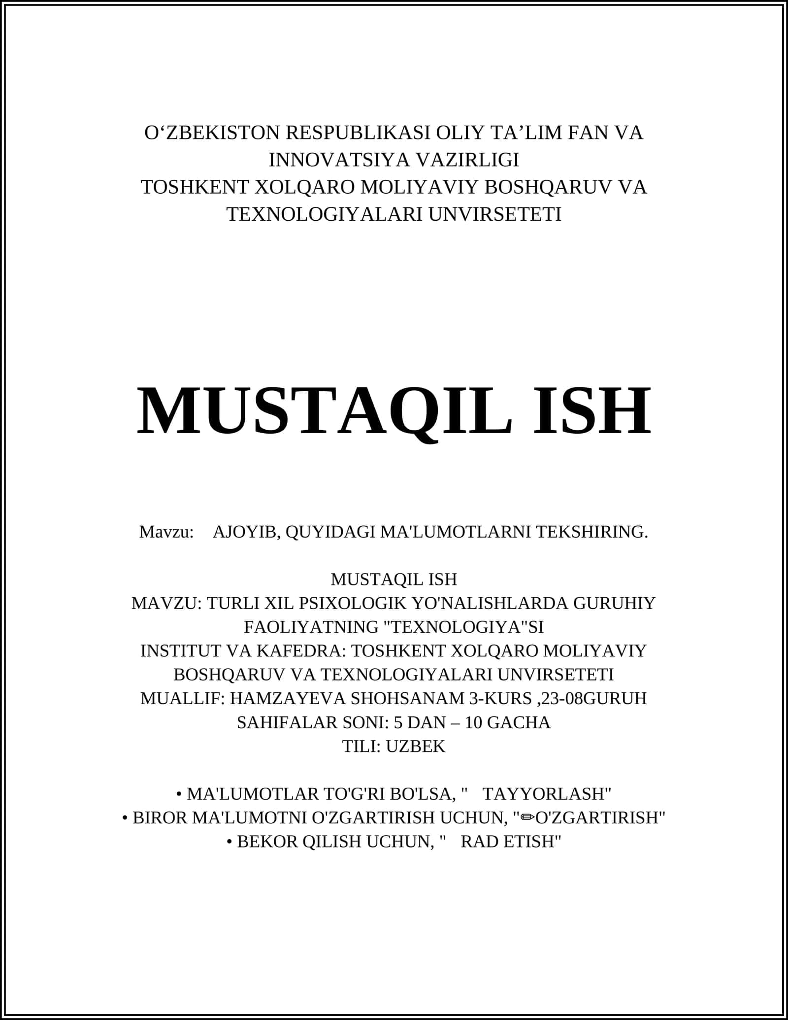 AJOYIB, QUYIDAGI MA'LUMOTLARNI TEKSHIRING