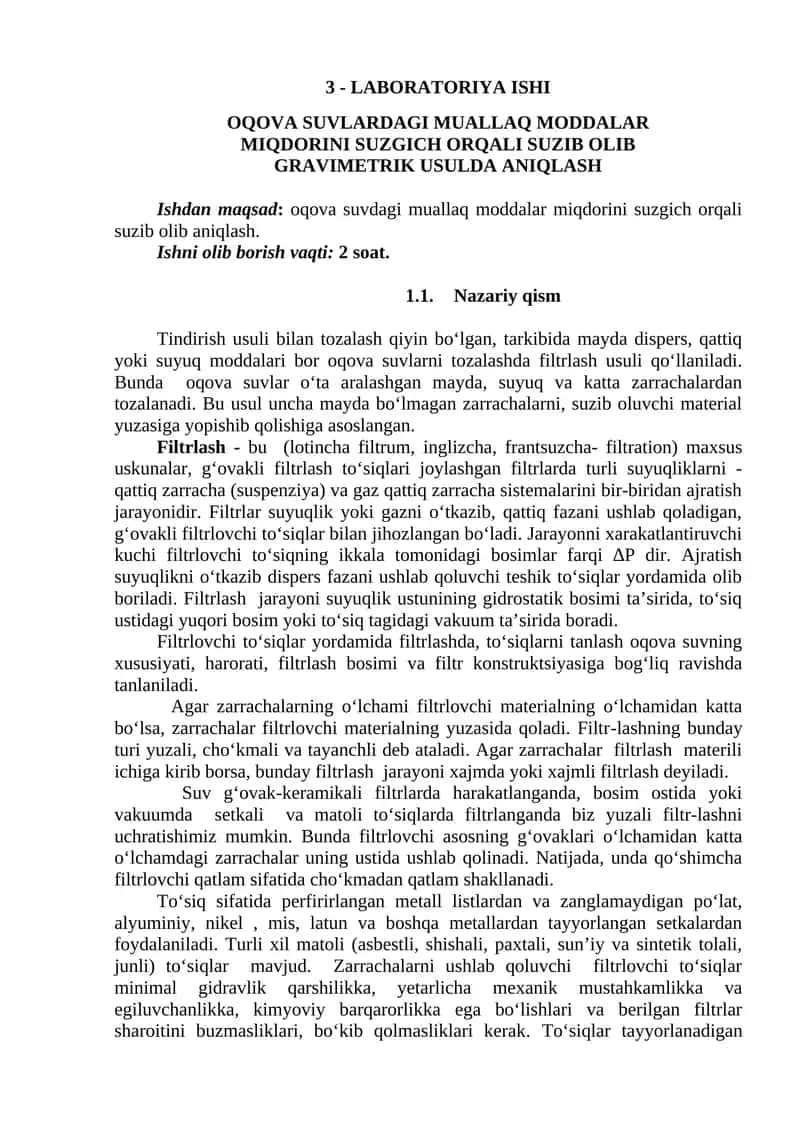LABОRАTОRIYA ISHI - OQOVA SUVLARDAGI MUALLAQ MОDDALAR MIQDОRINI SUZGICH ОRQALI SUZIB ОLIB GRAVIMETRIK USULDA ANIQLASH