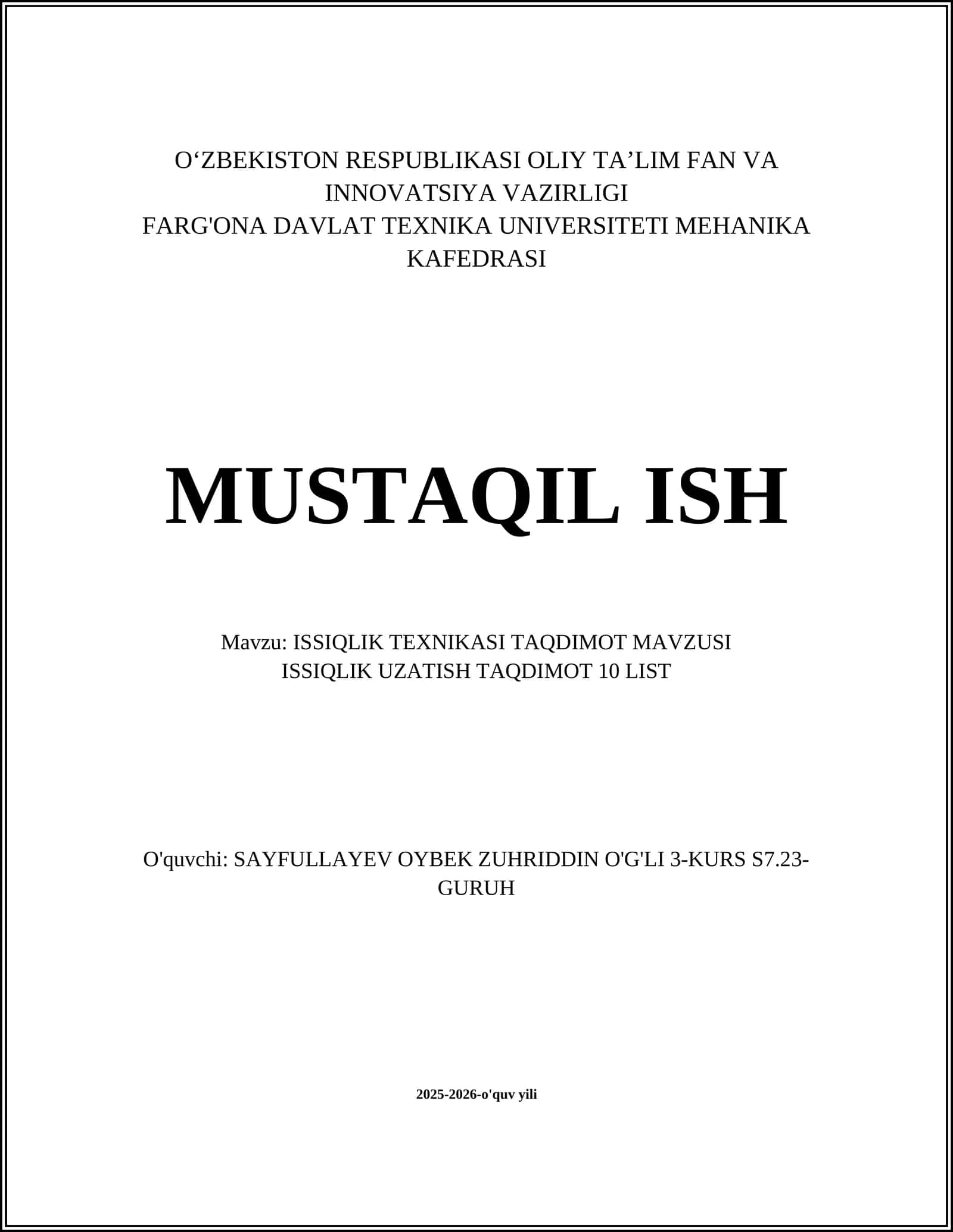 ISSIQLIK TEXNIKASI TAQDIMOT MAVZUSI