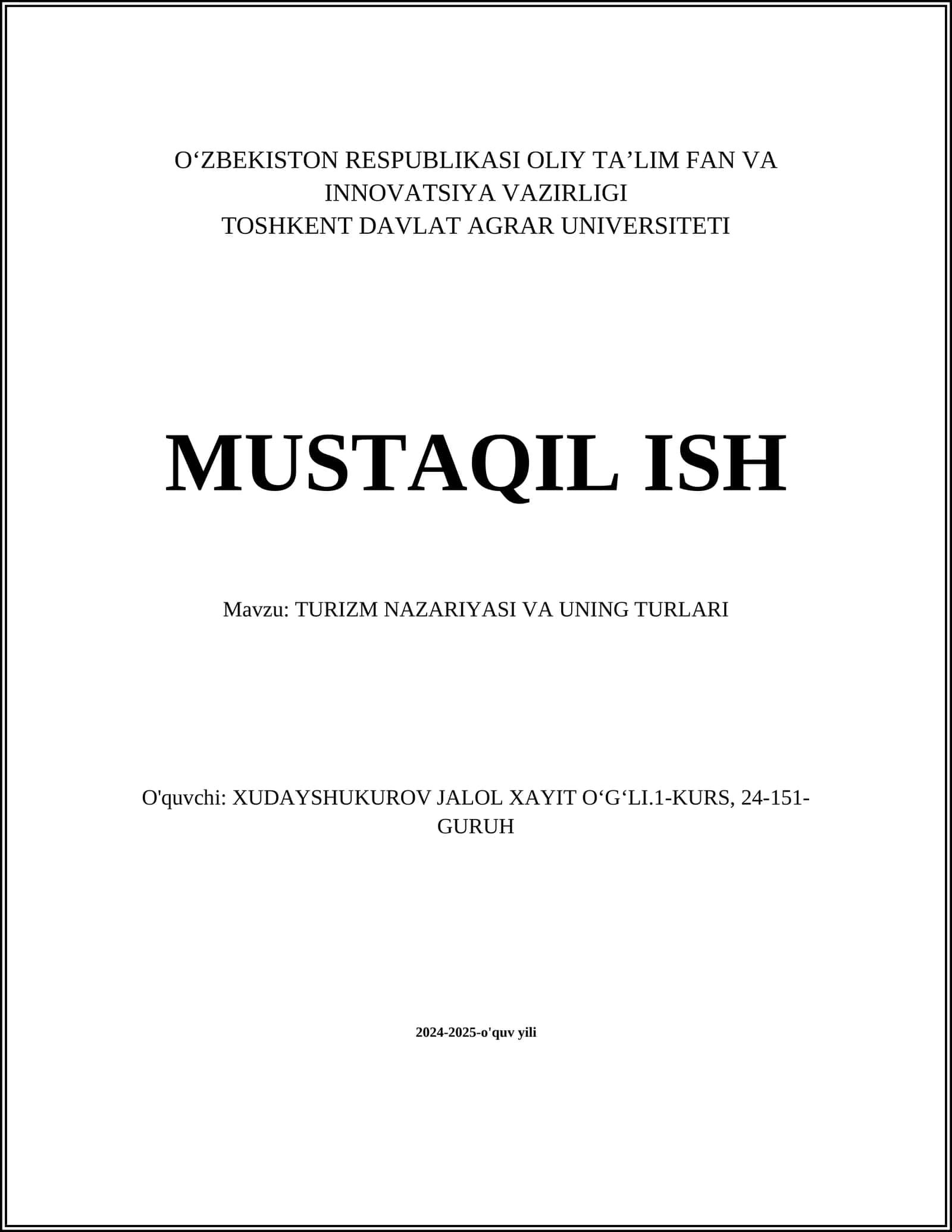 TURIZM NAZARIYASI VA UNING TURLARI