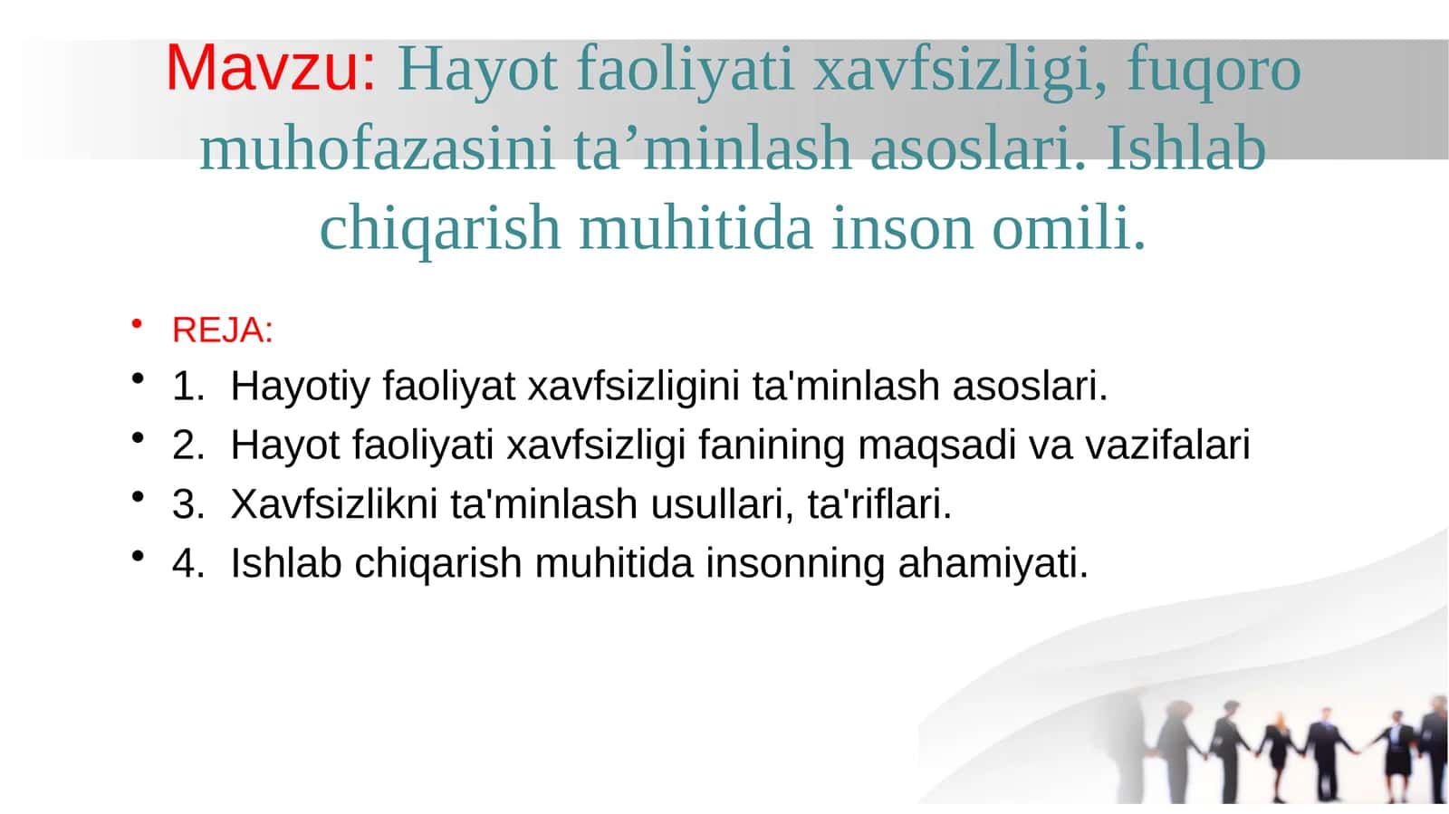 Hayot faoliyati xavfsizligi, fuqoro muhofazasini ta’minlash asoslari. Ishlab chiqarish muhitida inson omili