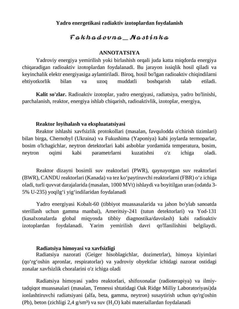 Yadro energetikasi radiaktiv izotoplardan foydalanish