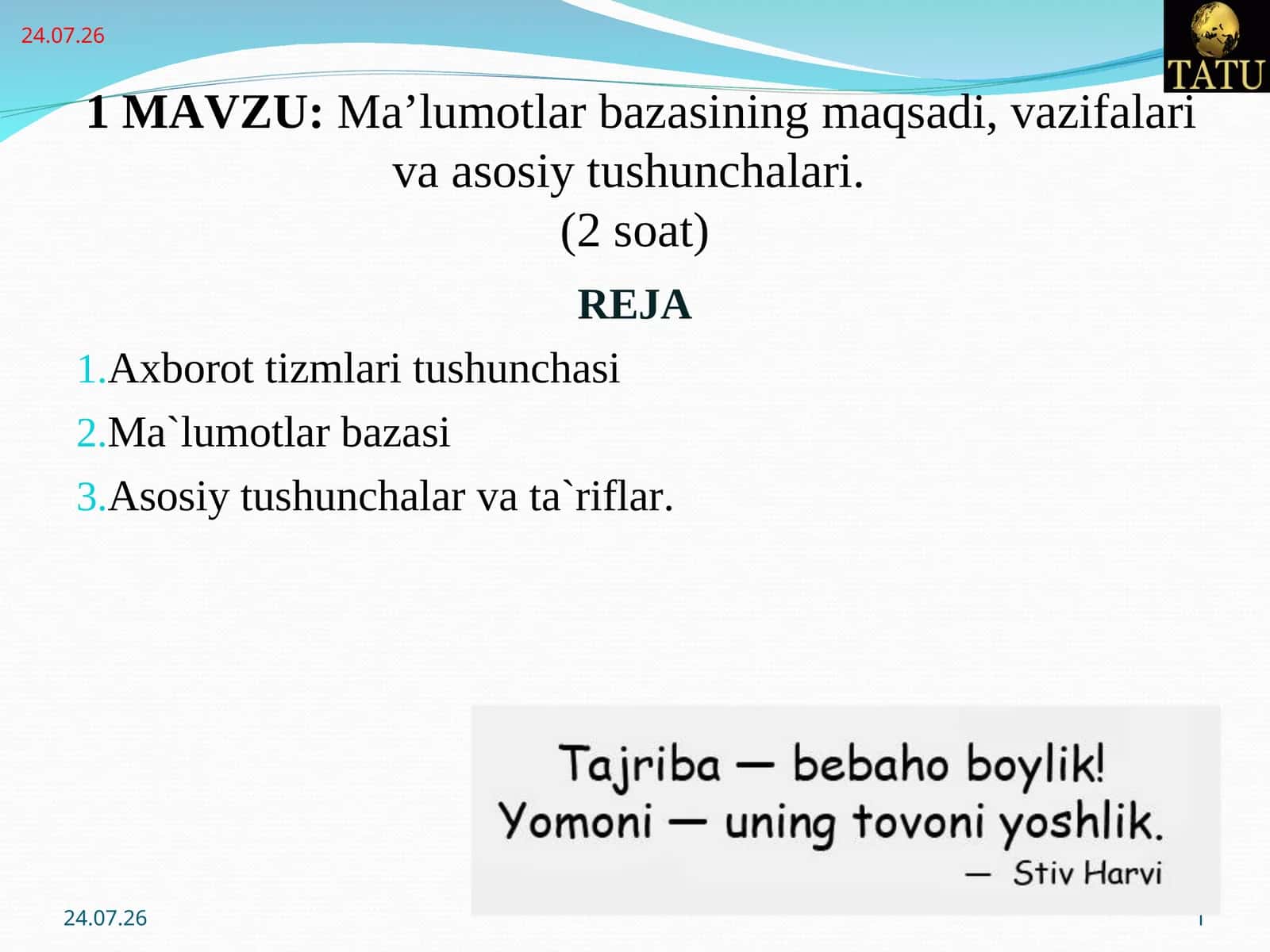 Ma’lumotlar bazasining maqsadi, vazifalari va asosiy tushunchalari