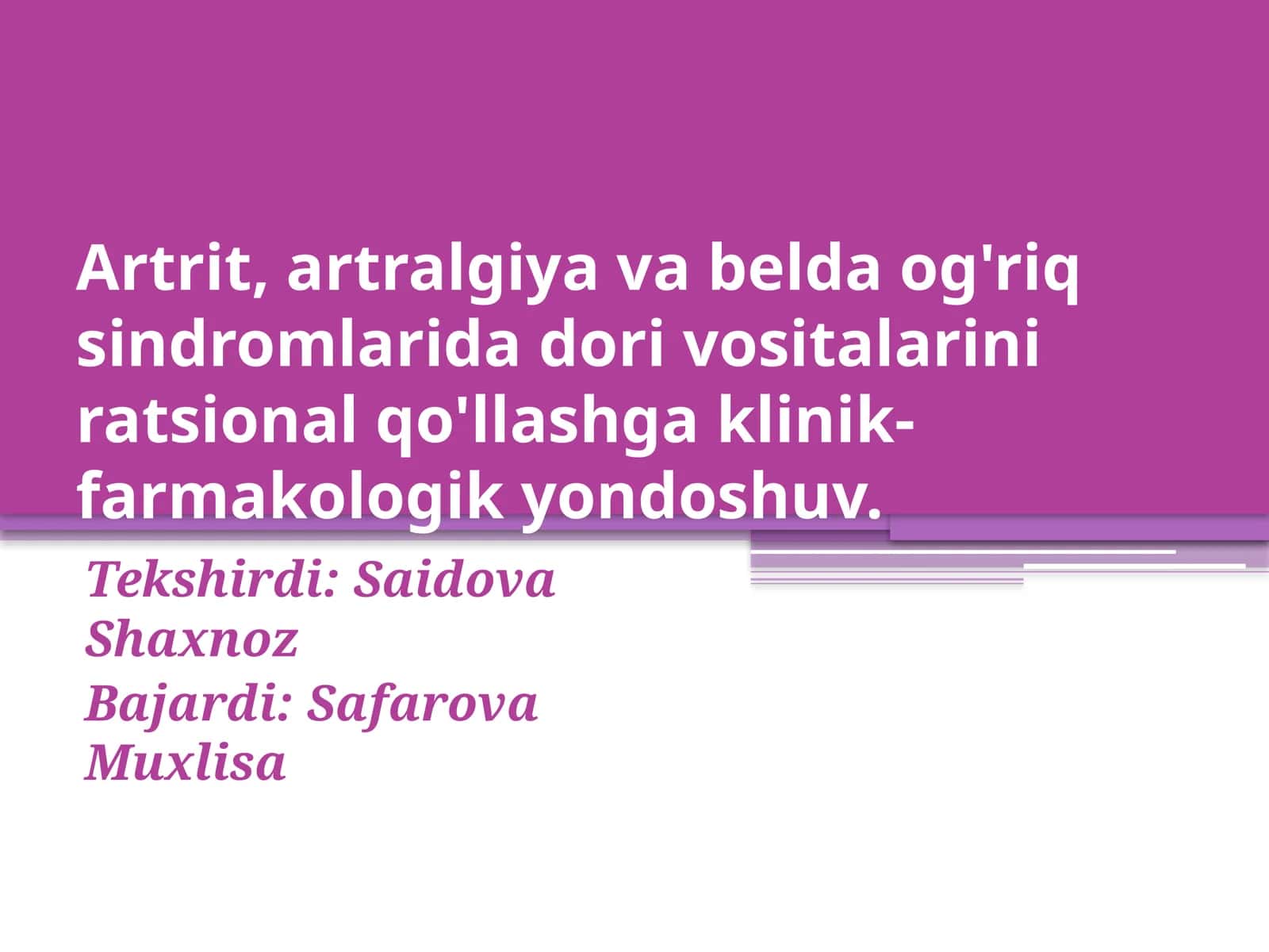 Artrit, artralgiya va belda og'riq sindromlarida dori vositalarini ratsional qo'llashga klinik-farma