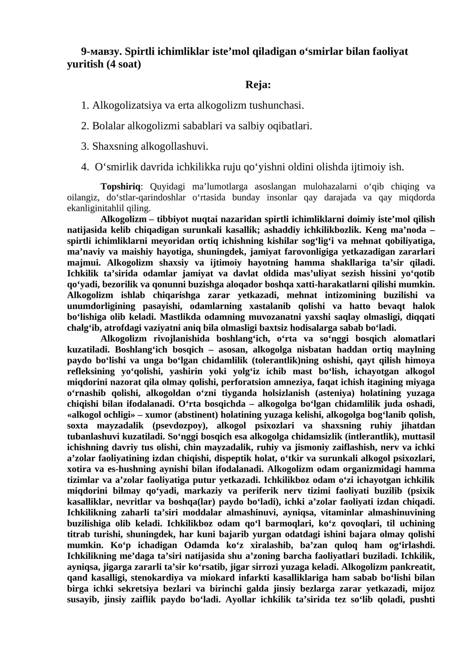 Spirtli ichimliklar iste’mol qiladigan o‘smirlar bilan faoliyat yuritish
