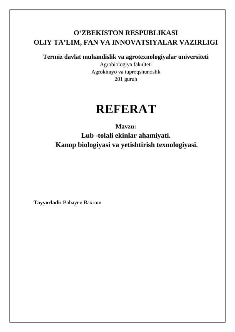 Kanop biologiyasi va yetishtirish texnologiyasi