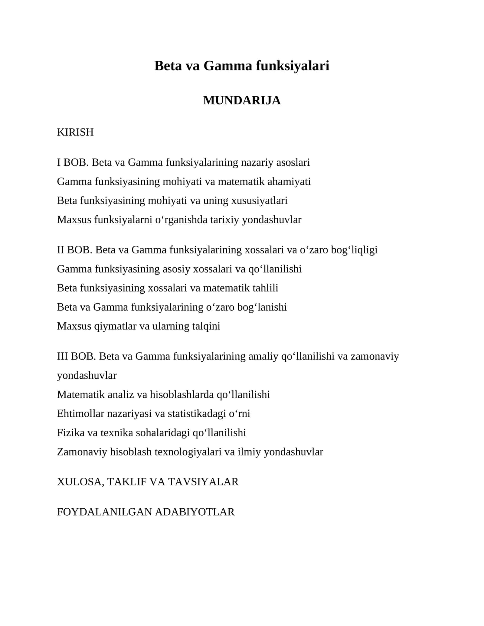 Beta va Gamma funksiyalari