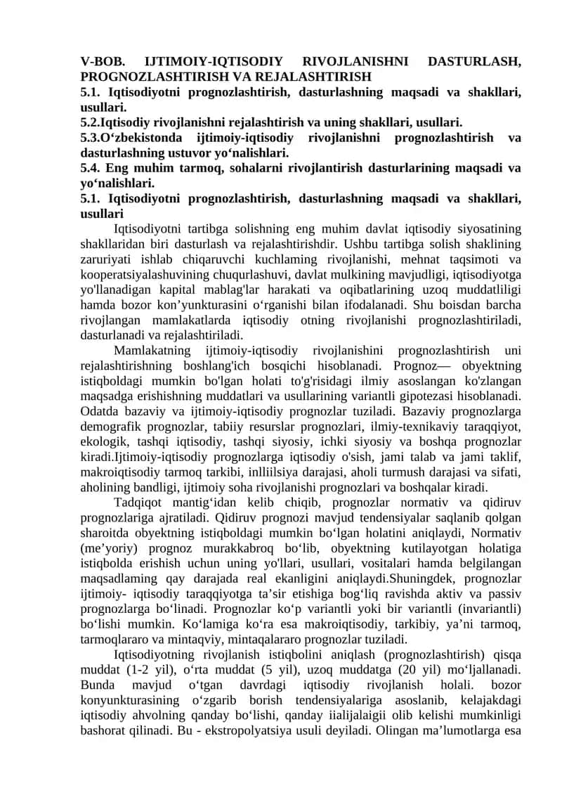 IJTIMOIY-IQTISODIY RIVOJLANISHNI DASTURLASH, PROGNOZLASHTIRISH VA REJALASHTIRISH